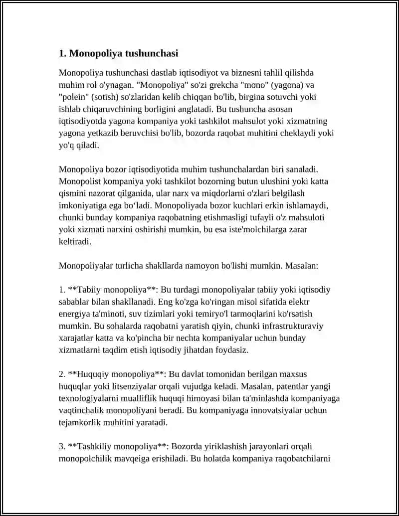 MONOPOLIYANING MOHIYATI VA UNING VUJUDGA KELISHI SABABLARI 4