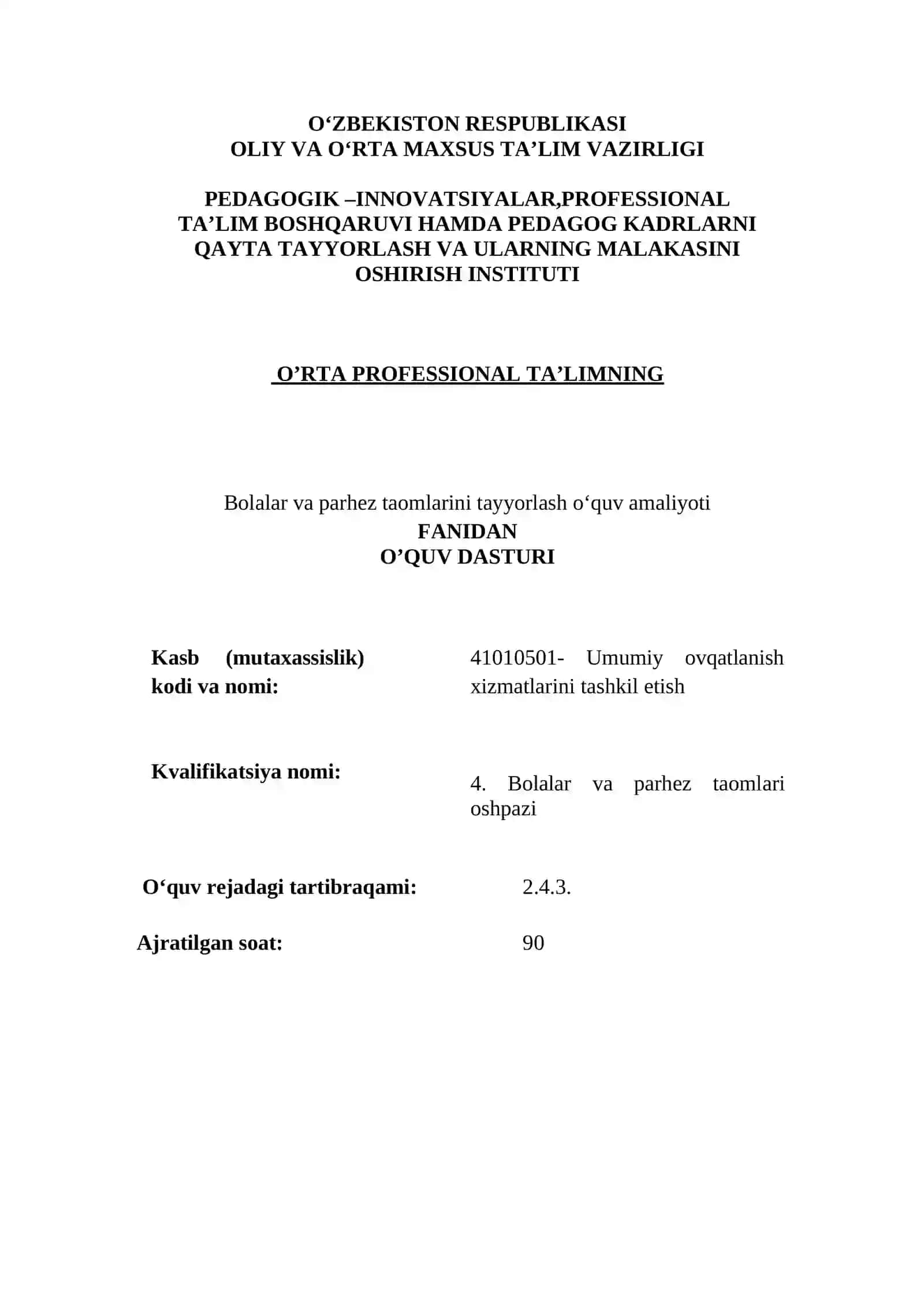 BOLALAR VA  PARHEZ TAOMLARINI TAYYORLASH fanidan O‘QITISH MATERIALLARI TO‘PLAMI 4