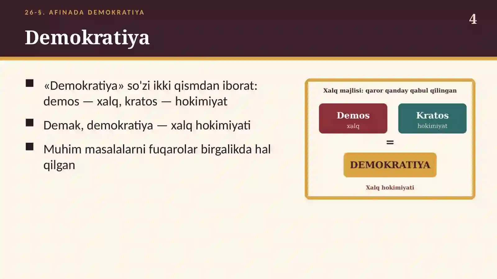 Afinada demokratiya (26-§) — 6-sinf Qadimgi dunyo tarixi taqdimoti 4