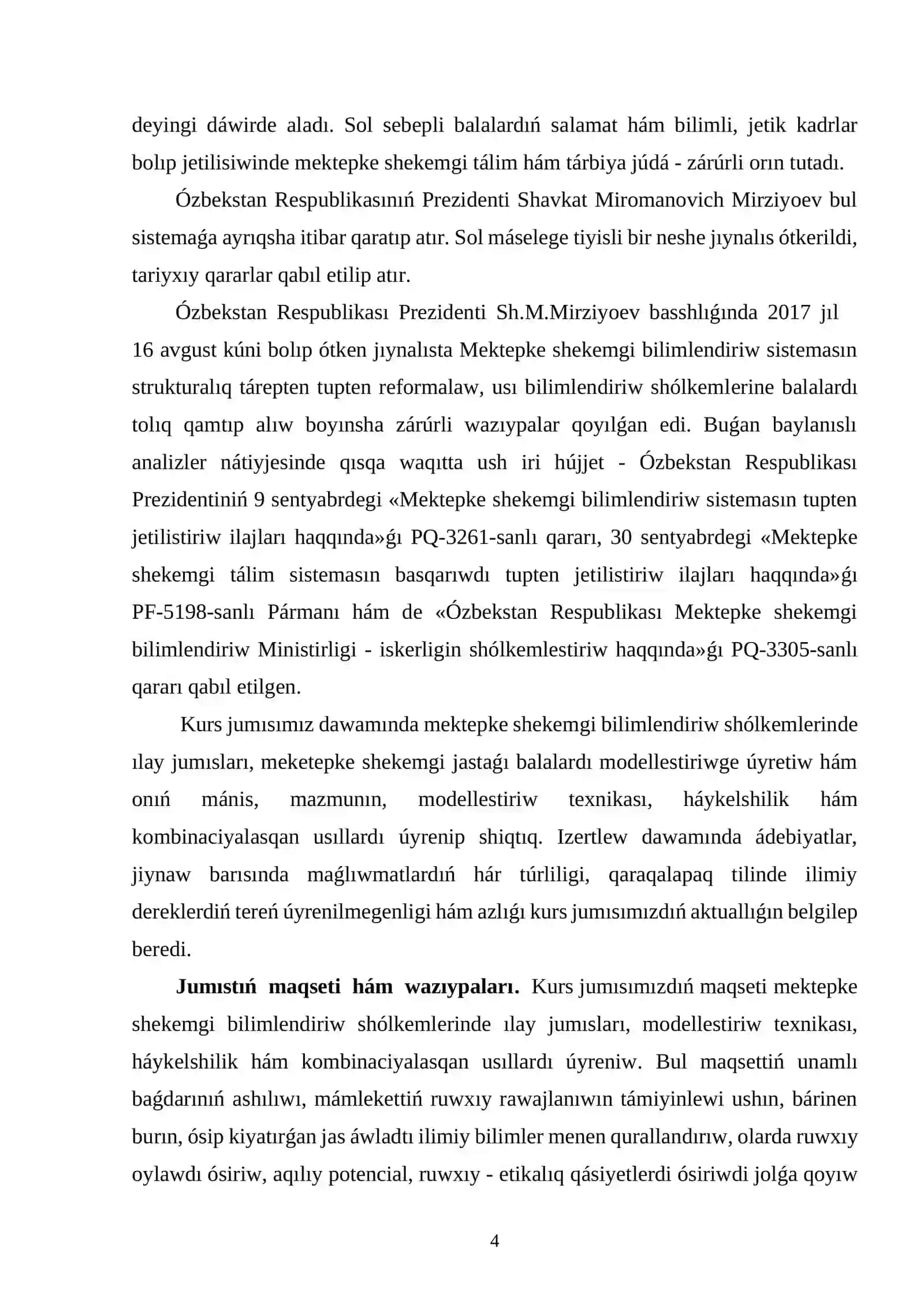 MEKTEPKE SHEKEMGI BILIMLENDIRIW SHÓLKEMLERINDE ILAY JUMISLARÍ 4