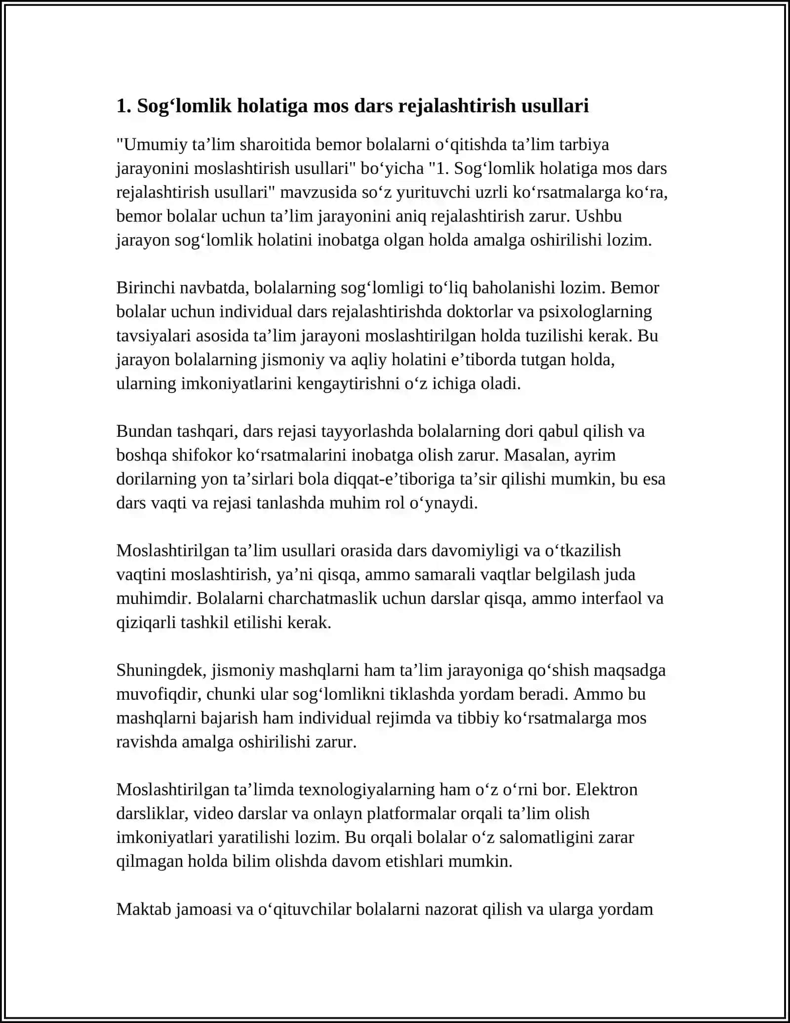 UMUMIY TALIM SHAROITIDA BEMOR BOLALARNI OQITISHDA TALIM TARBIYA JARAYONINI MOSLASHTIRISH USULLARI 4