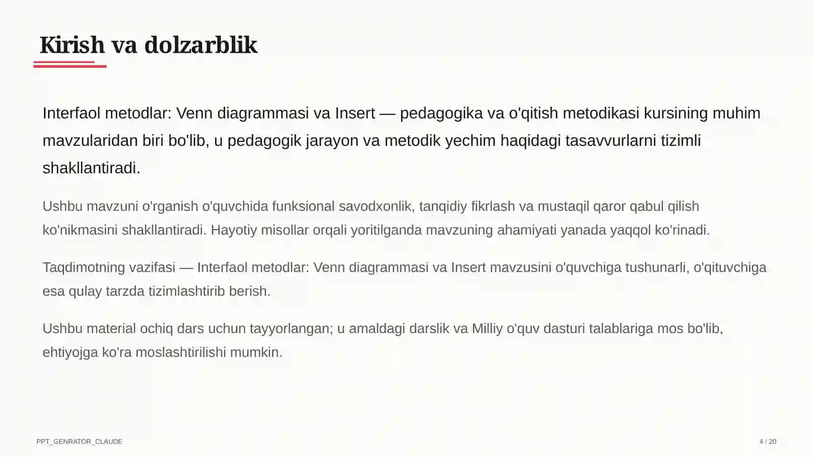 Interfaol metodlar: Venn diagrammasi va Insert 4