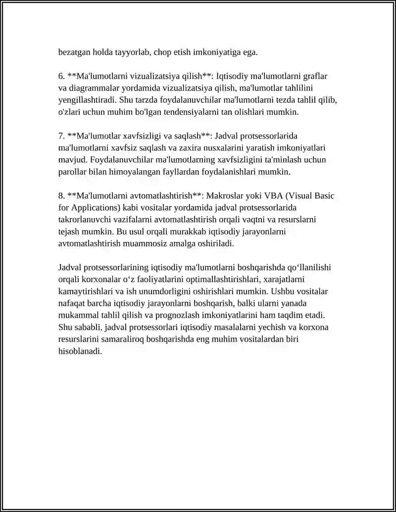Jadval protsessorlarida iqtisodiy ma'lumotlarni tashkil etish va boshqarish 4
