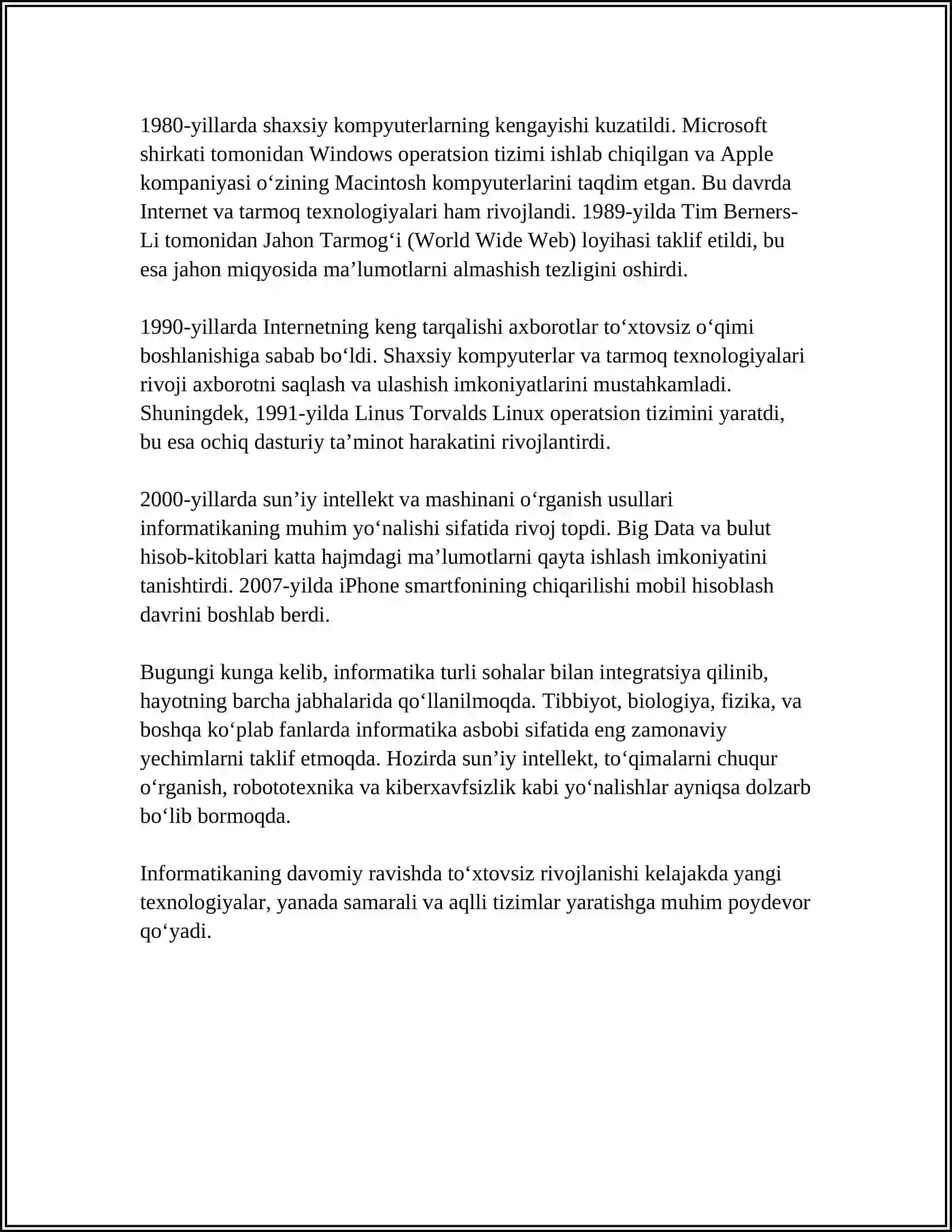 INFORMATIKA FANINING JAMOATDAGI O'RNI 4