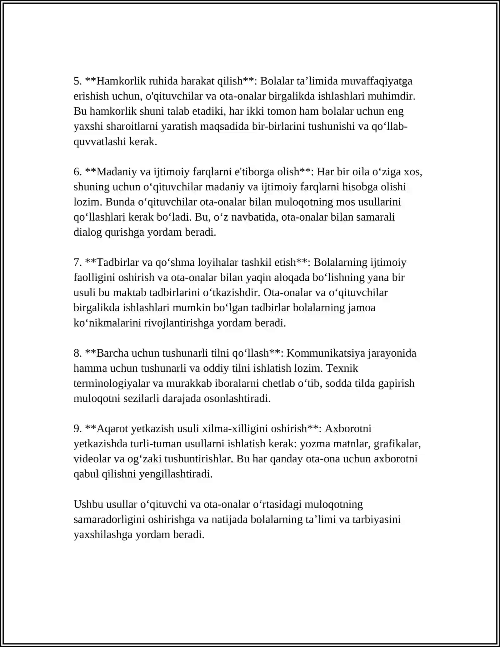 "O'QITUVCHI - OTA - ONA " TIZIMIDAGI MULOQOT MEYORLARI VA TALABLARI 4