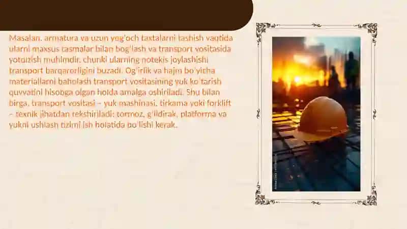 Qurilish materiallarini tashish jarayoni va xavfsizlik qoidalari 4