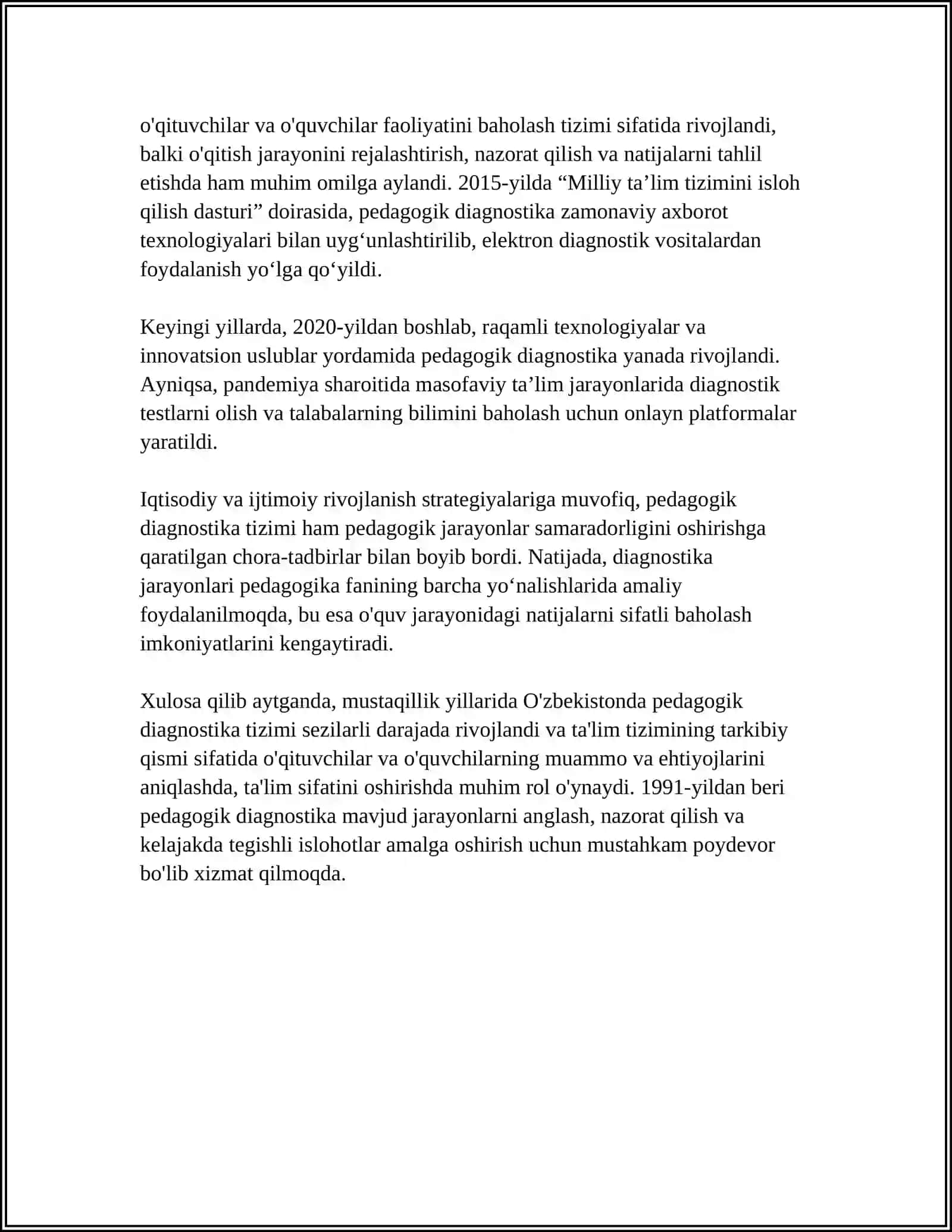 O‘ZBEKISTONDA MUSTAQILLIK YILLARIDA PEDAGOGIK DIAGNOSTIKA SOHASIDA AMALGA OSHIRILGAN ISHLAR VA ULARNING NATIJALARI 4