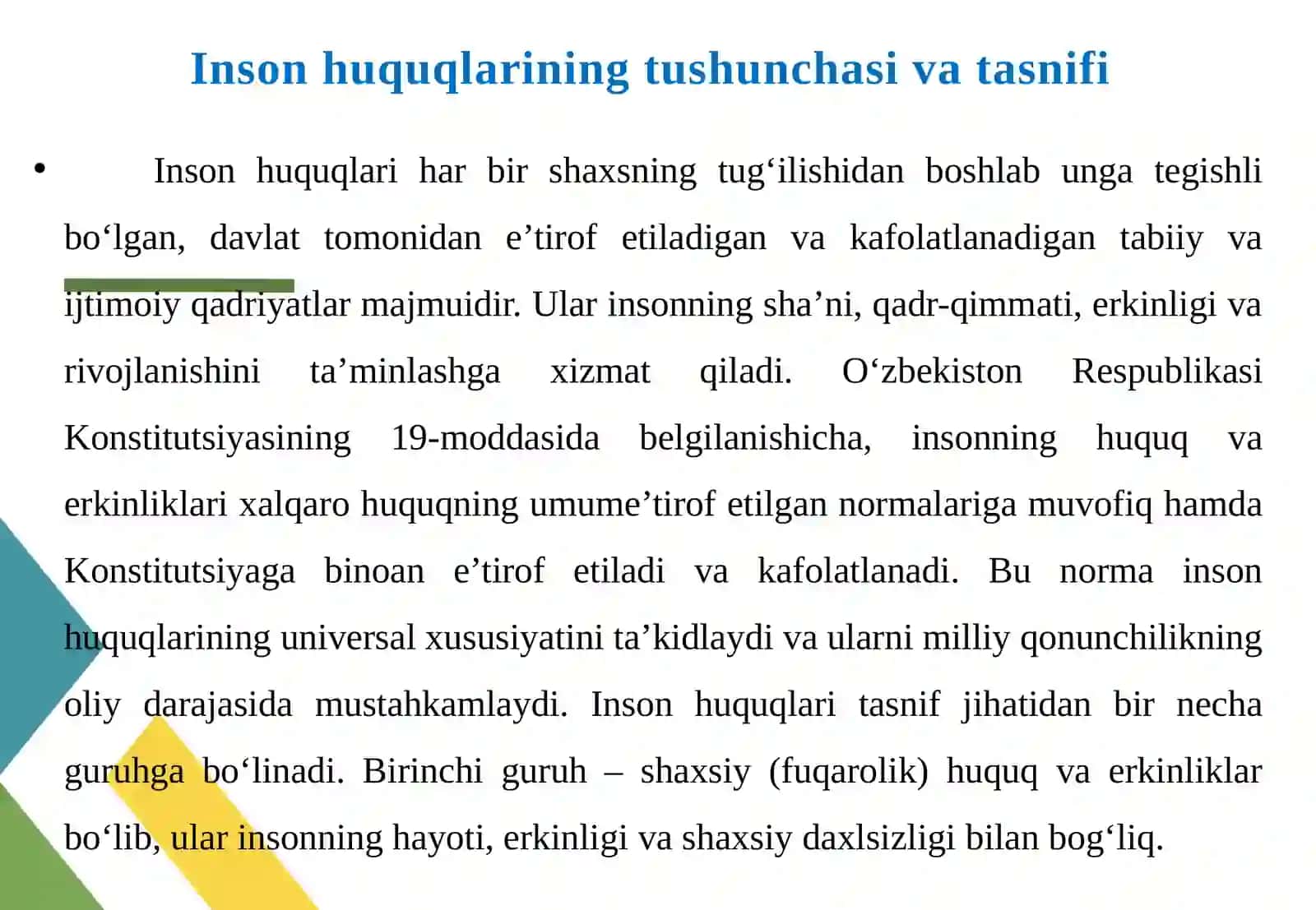 O‘zbekiston Respublikasi Konstitutsiyasida belgilangan inson va fuqaroning asosiy huquq va erkinliklari 4
