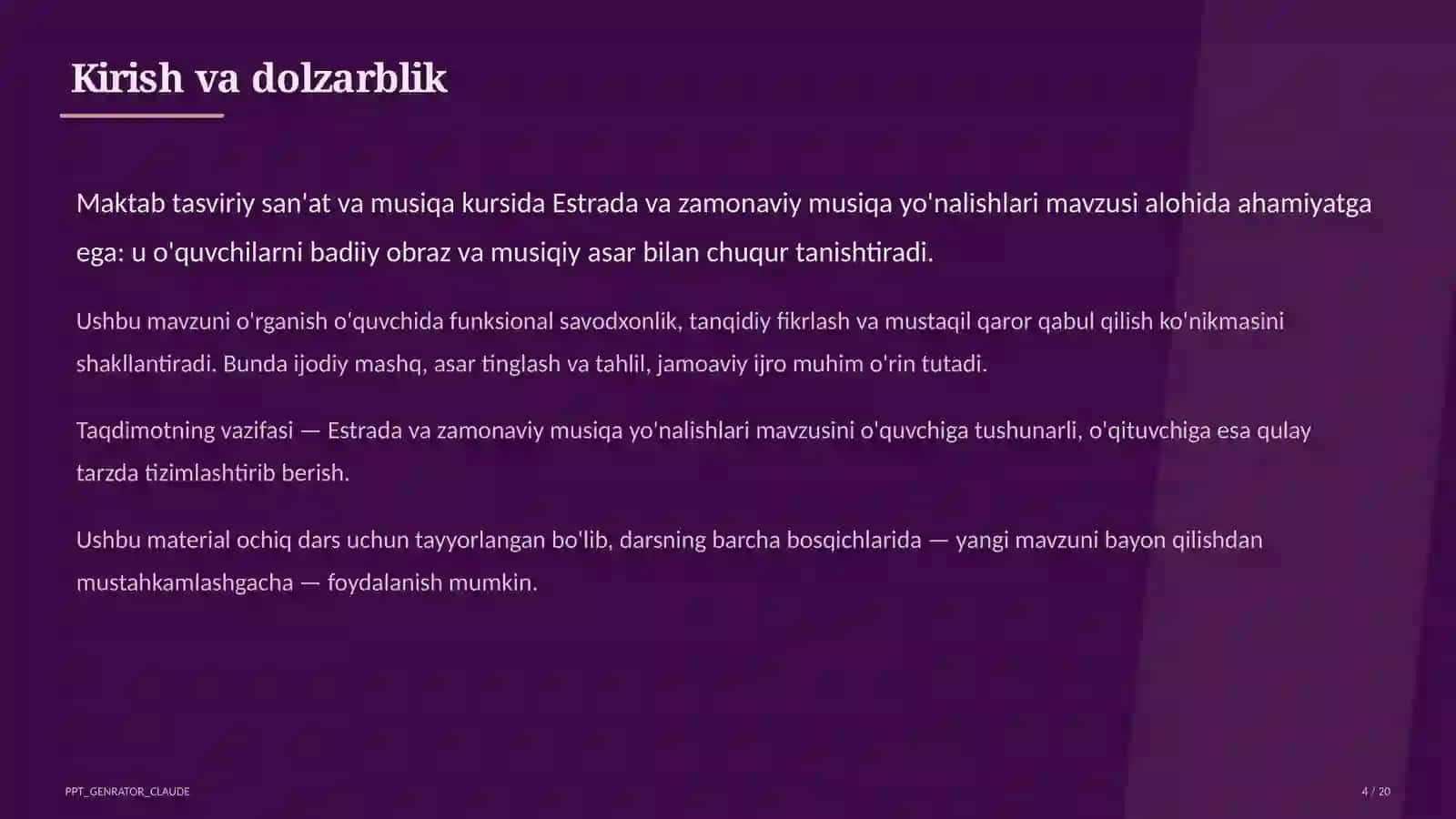 Tasviriy san'at va musiqa (1–7) — ochiq dars uchun 4