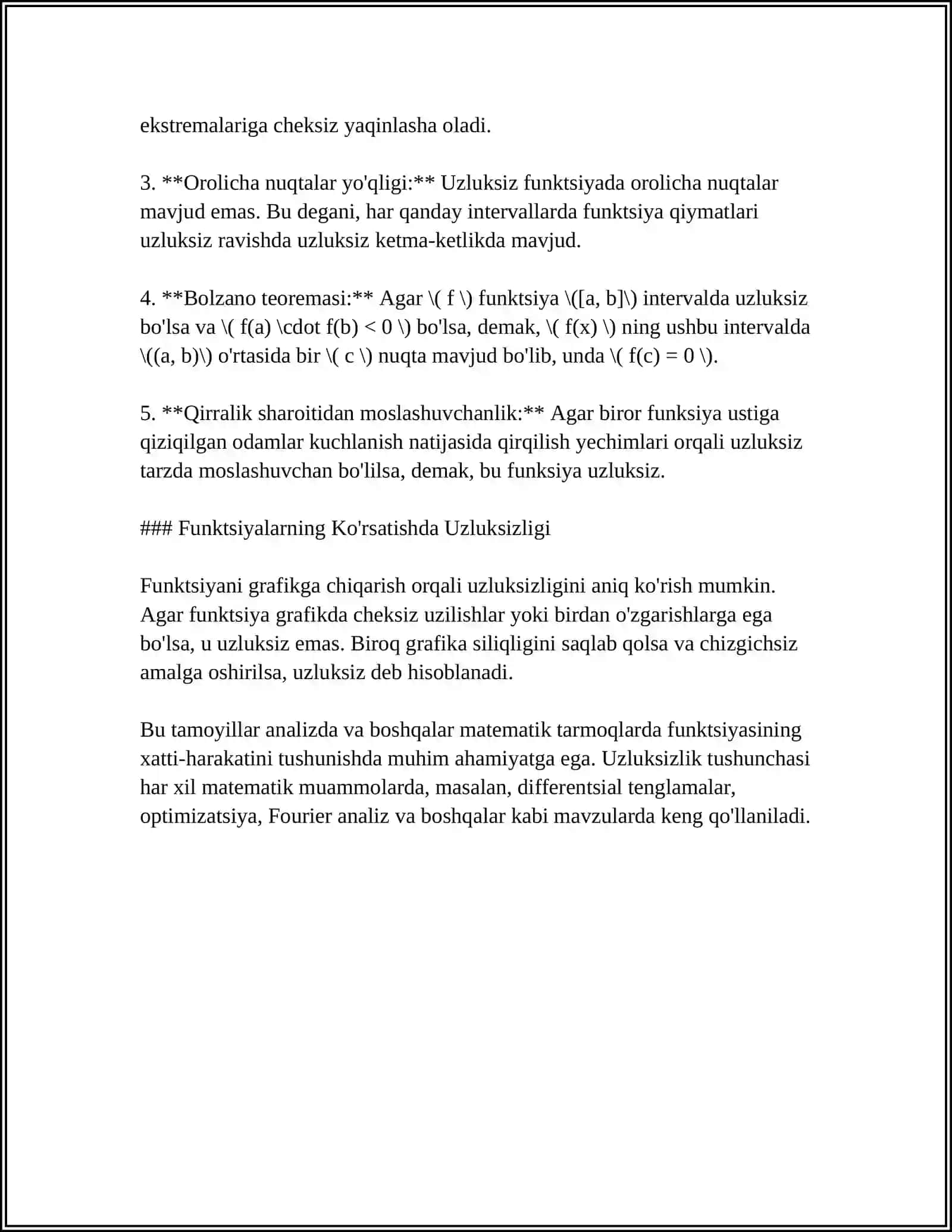 FUNKSIYANING UZLUKSIZLIGI.FUNKSIYANING UZILISH NUQTALARI VA ULARNING TURLARI. FUNKSIYA DIFFIRANSIYANUVCHANLIGI 4
