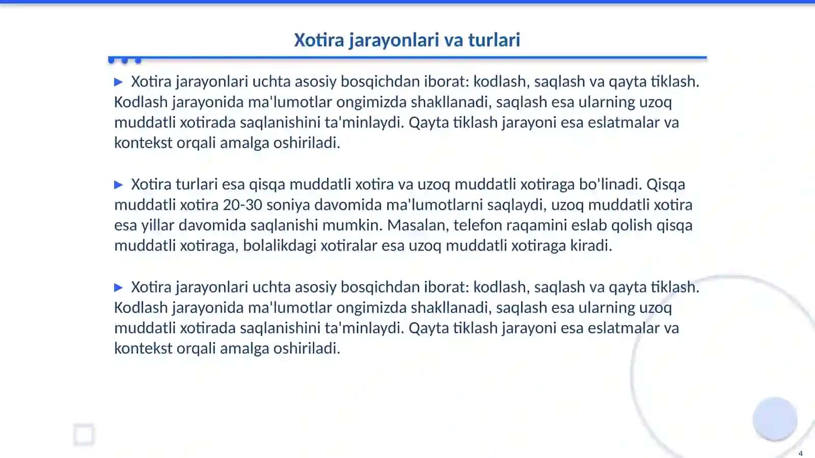 Xotira va boshqa psixik jarayonlarning bogʻliqligi 4