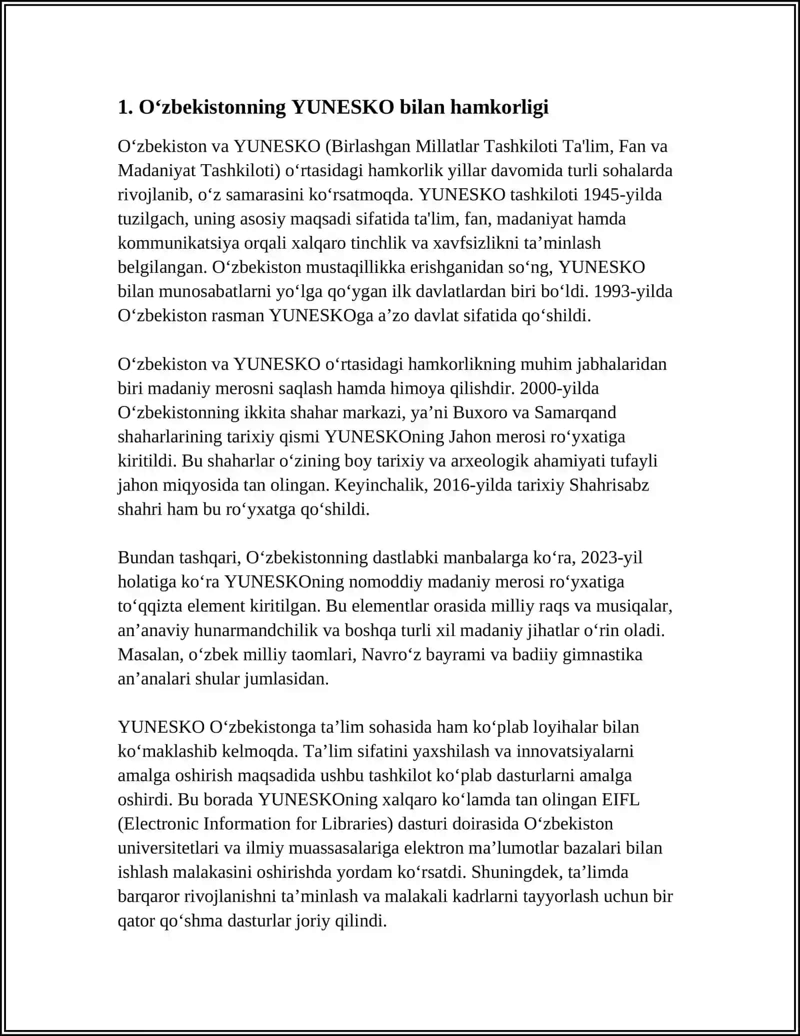 O‘ZBEKISTON MADANIY MEROS OBYEKTLARINING YUNESKO RO‘YXATIGA KIRITILISH TARIXI 4