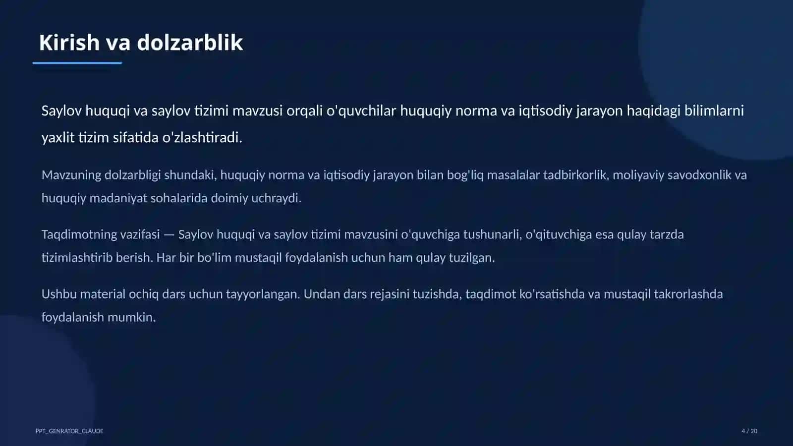 Huquq va iqtisodiyot asoslari (9–11) — ochiq dars uchun 4