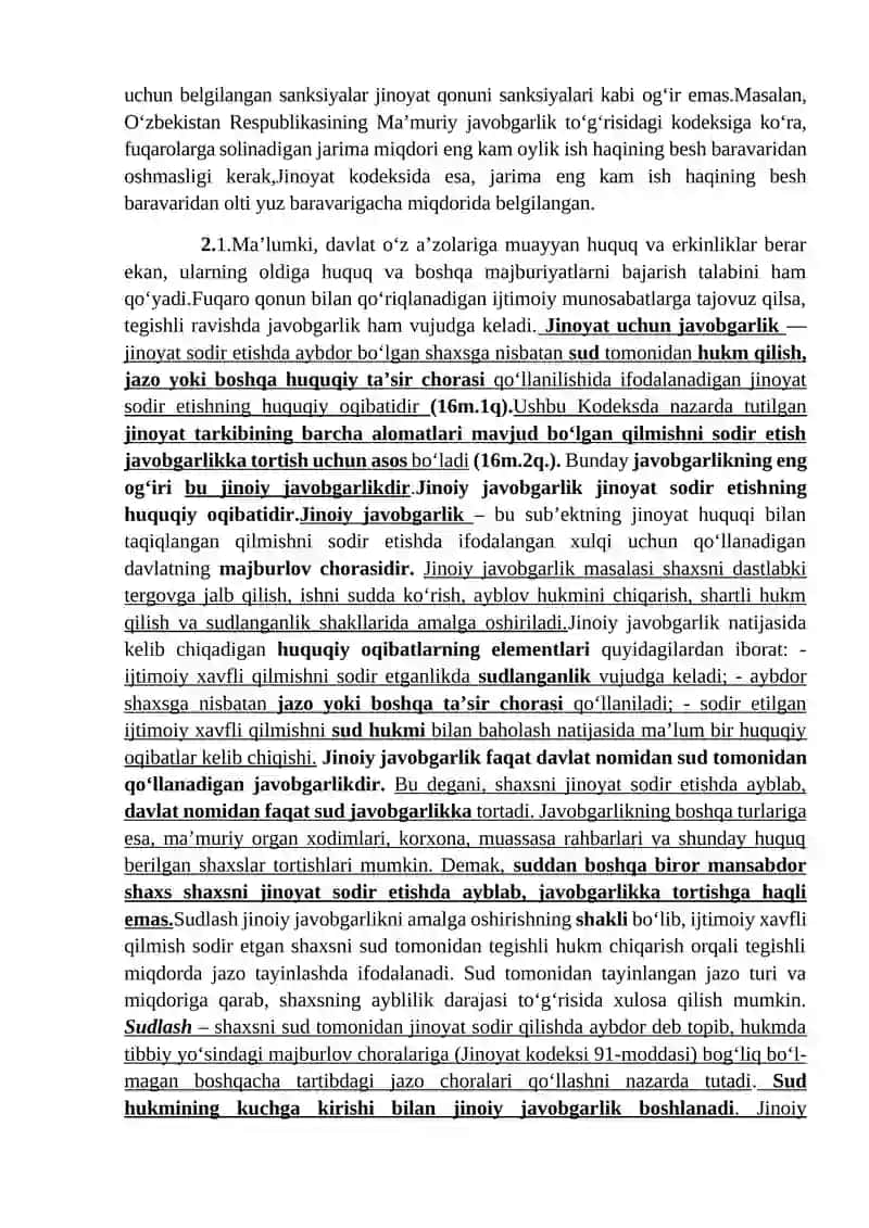 Jinoyat tushunchasi. Jinoiy javobgarlik va uning asoslari. 4