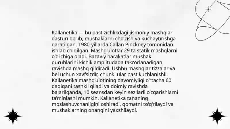 Stretching, kallenetika, pilates kabi zamonaviy sog'lomlashtirish turlari bo'yicha mashqlar 4