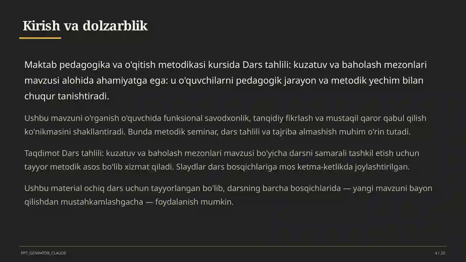 Dars tahlili: kuzatuv va baholash mezonlari 4