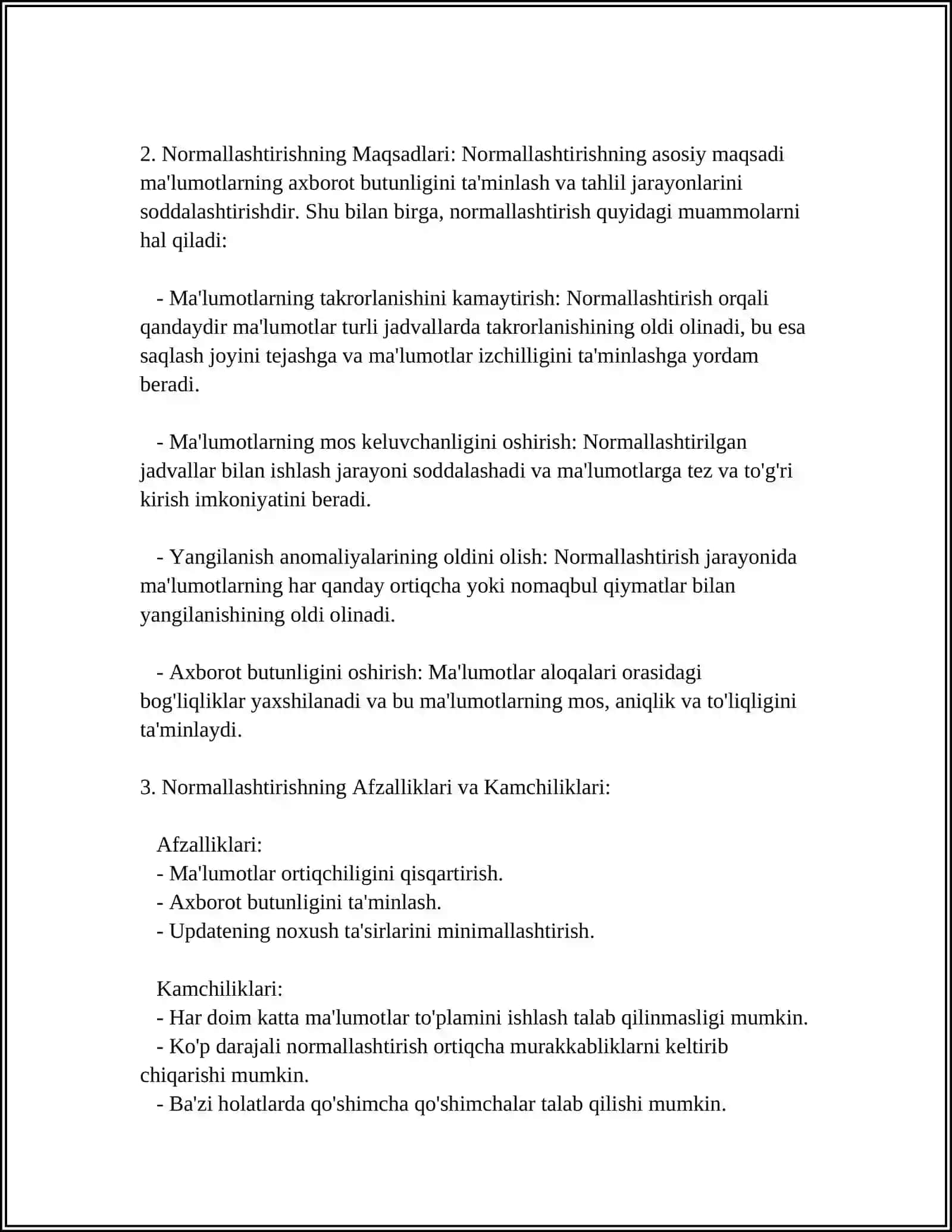 MA'LUMOTLAR BAZASIDA NORMALIZATSIYA JARAYONI VA UNING AVZALIKKLARI 4