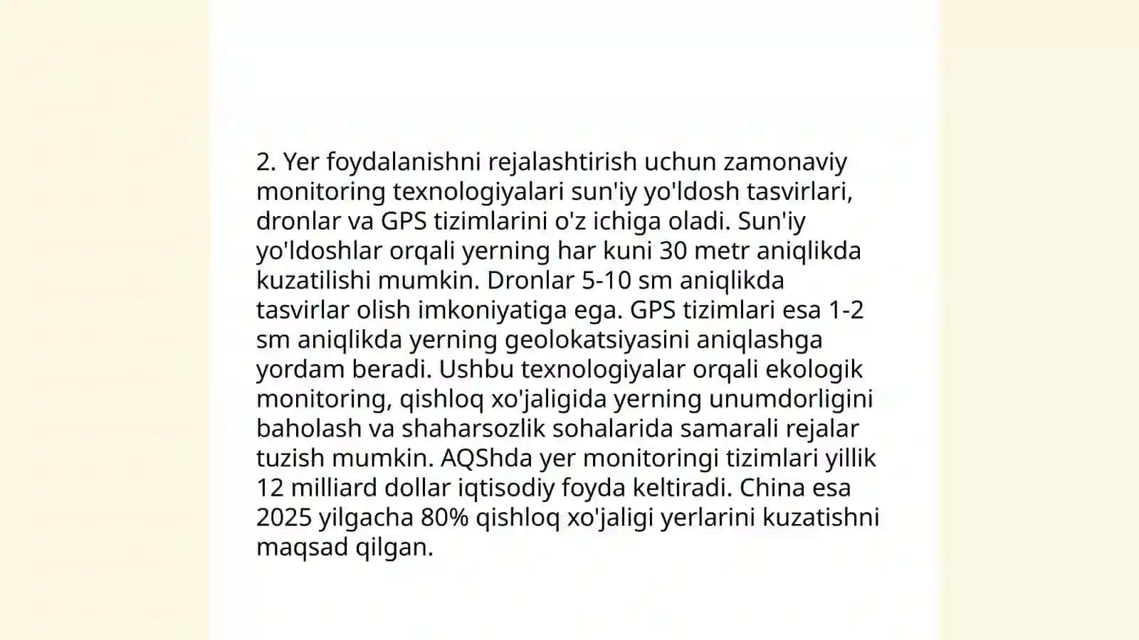 Monitoring sistemalarining yerdan foydalanish ishlarini tashkil etishdagi o'rnini aniqlash 4