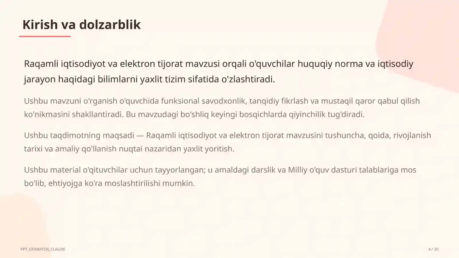 Huquq va iqtisodiyot asoslari (9–11) — o'qituvchilar uchun 4