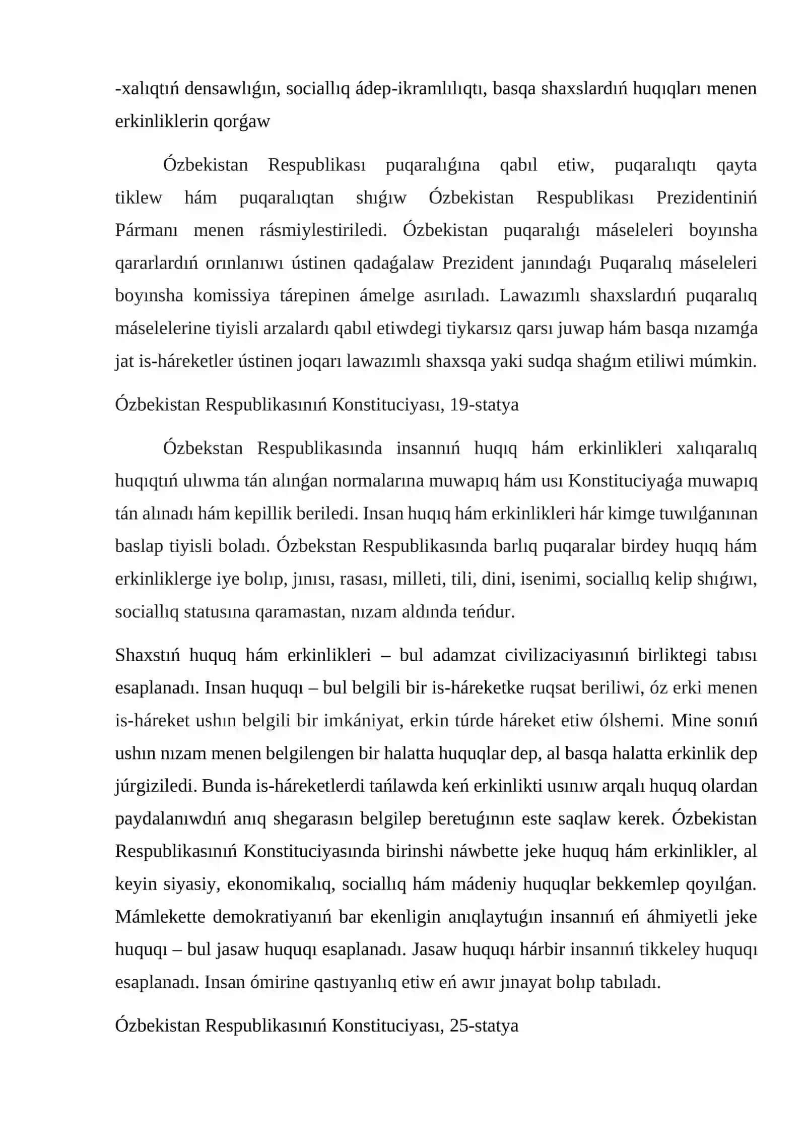 Ózbekistan Respublikası insan hám puqaralardıń huquqları hám erkinlikleri 4