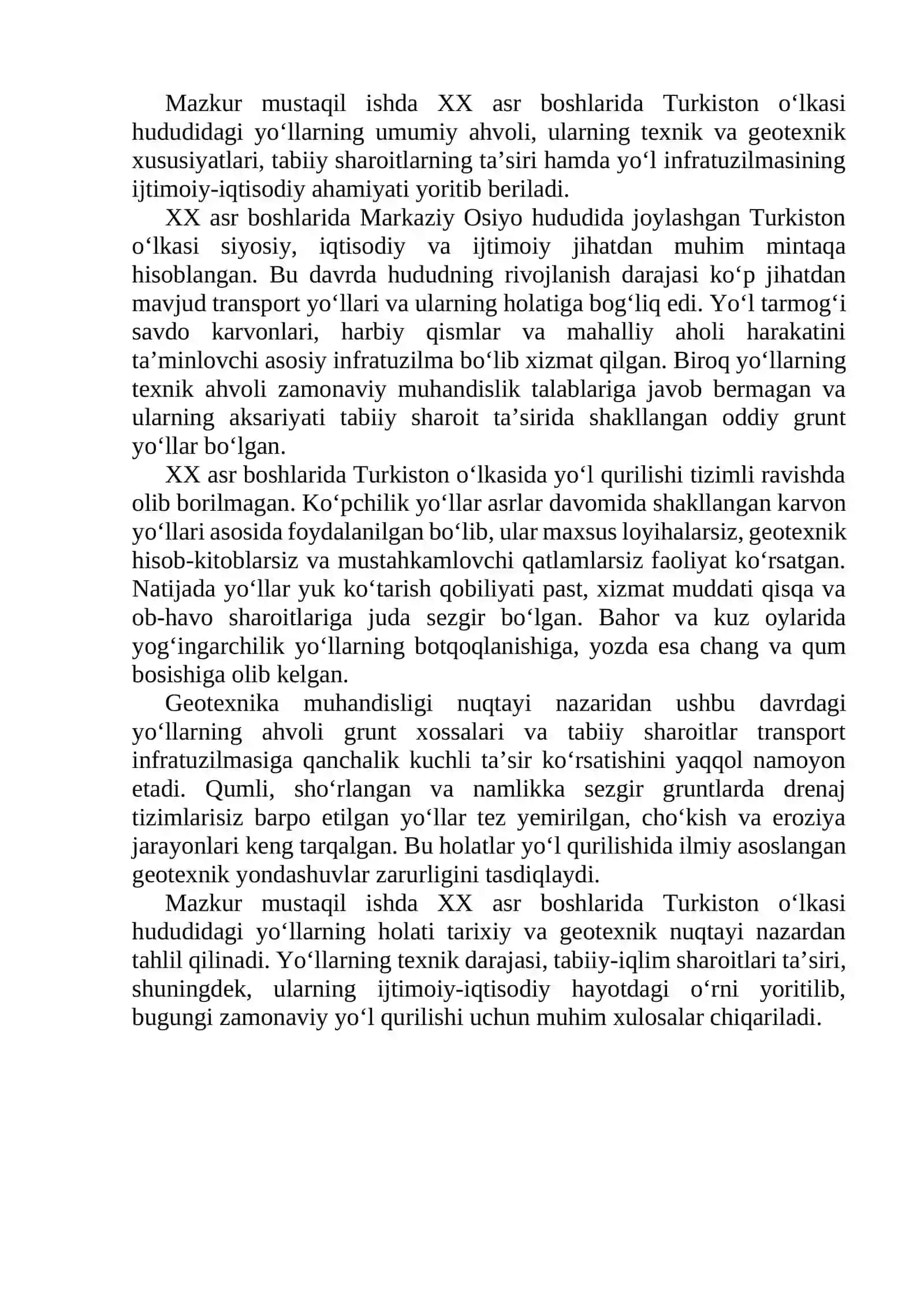 Geotexnika muhandisligi fanidan "XX asr boshlarida Turkiston o‘lkasi hududidagi yo‘llarning ahvoli" mavzusida tayyorlagan mustaqil ta'lim REFERATI 4