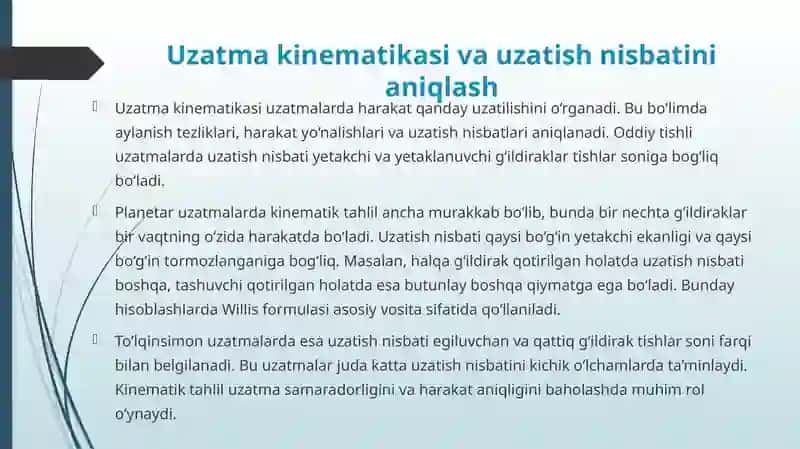 Planetar va to'lqinsimon uzatmalar. Uzatma kinematikasi. Planetar uzatmalarni hisoblash 4