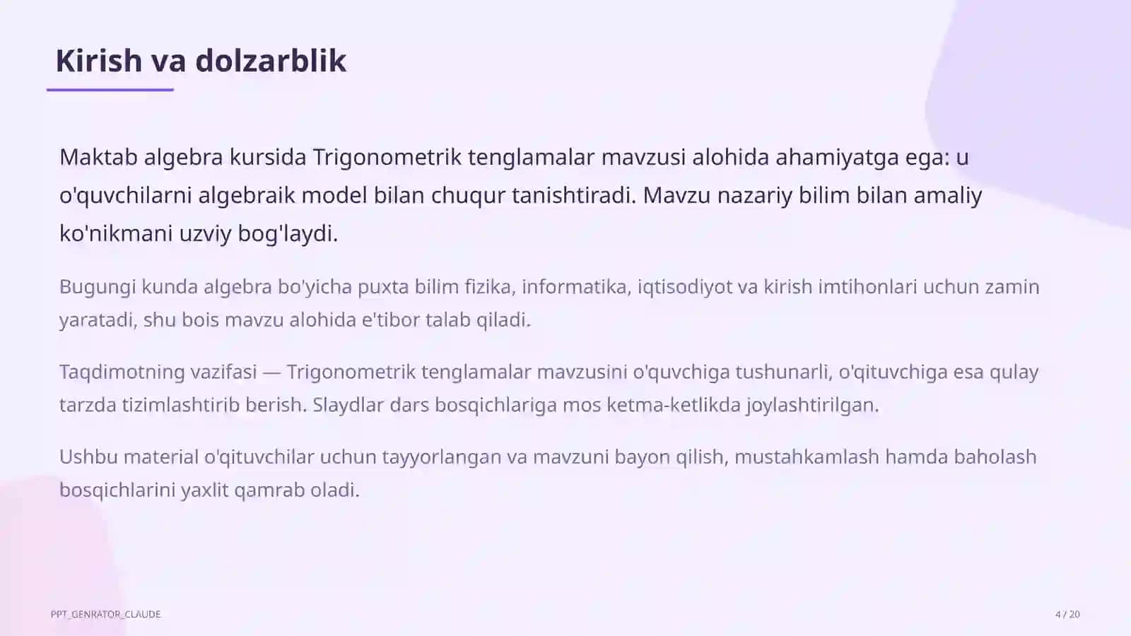 Trigonometrik tenglamalar (10-sinf) 4