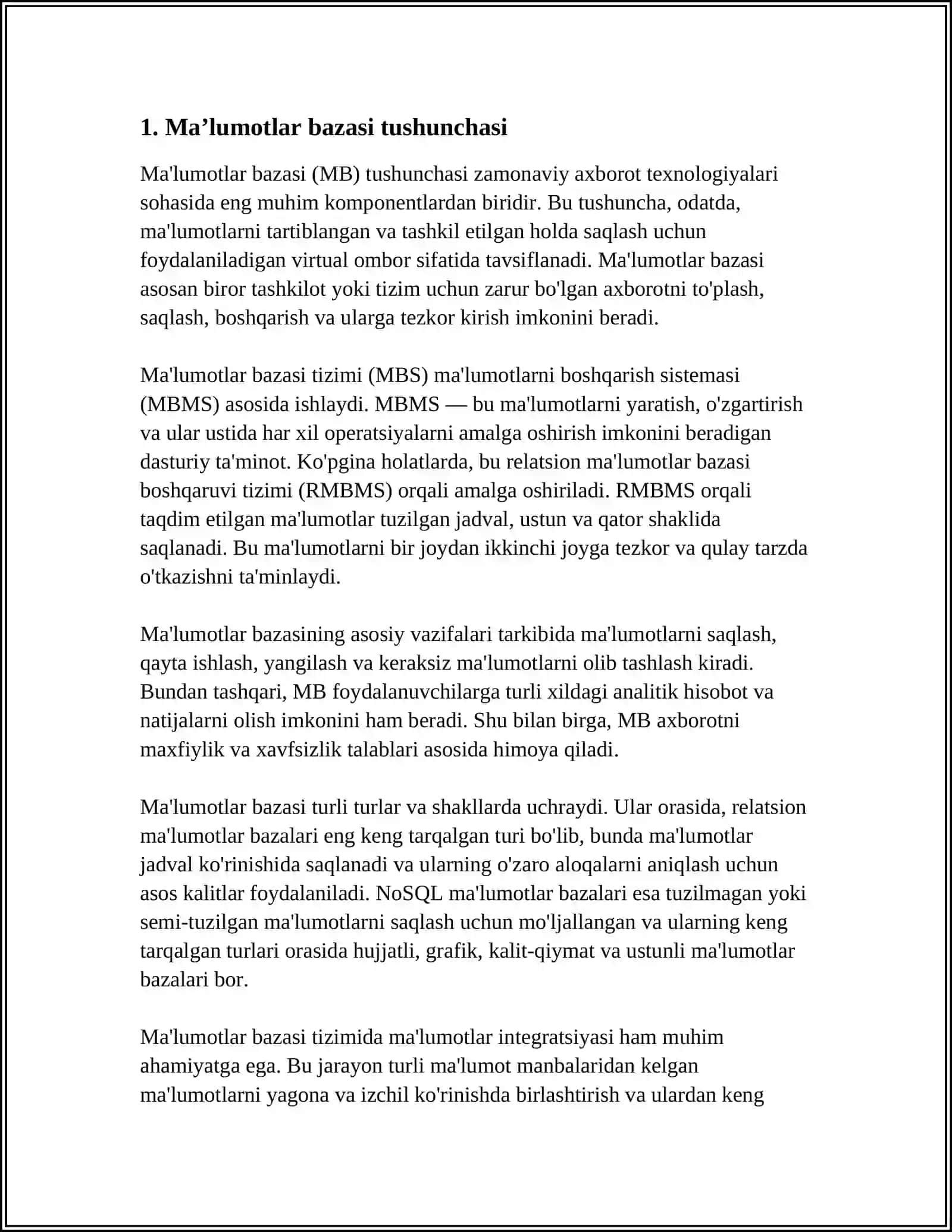 MUSTAQIL ISH Mavzu: MA’LUMOTLAR BAZASI MODELLARI VA MAHOYAT-ALOQA MODELI 4