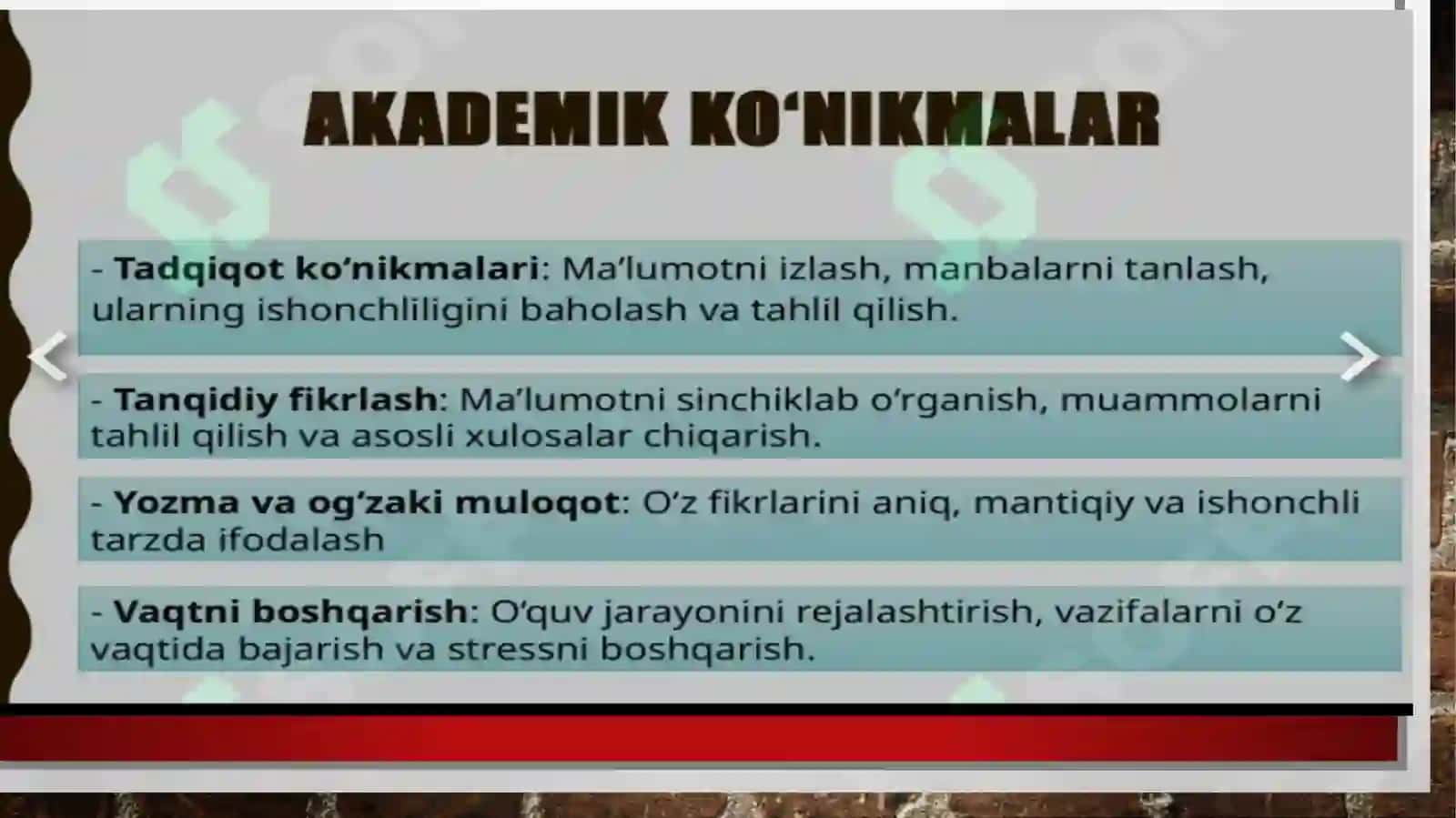 Akademik ko'nikmalarning talabalar faoliyatidagi ahamiyati va dolzarbligi AKKK 4