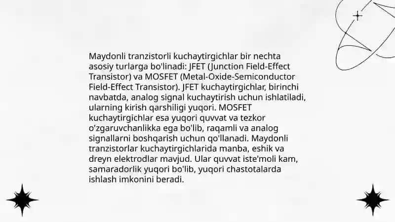 Maydonli transiztorlardan tuzilgan kuchaytirgichlar va ularni ishlash prinspi va sxemasi 4