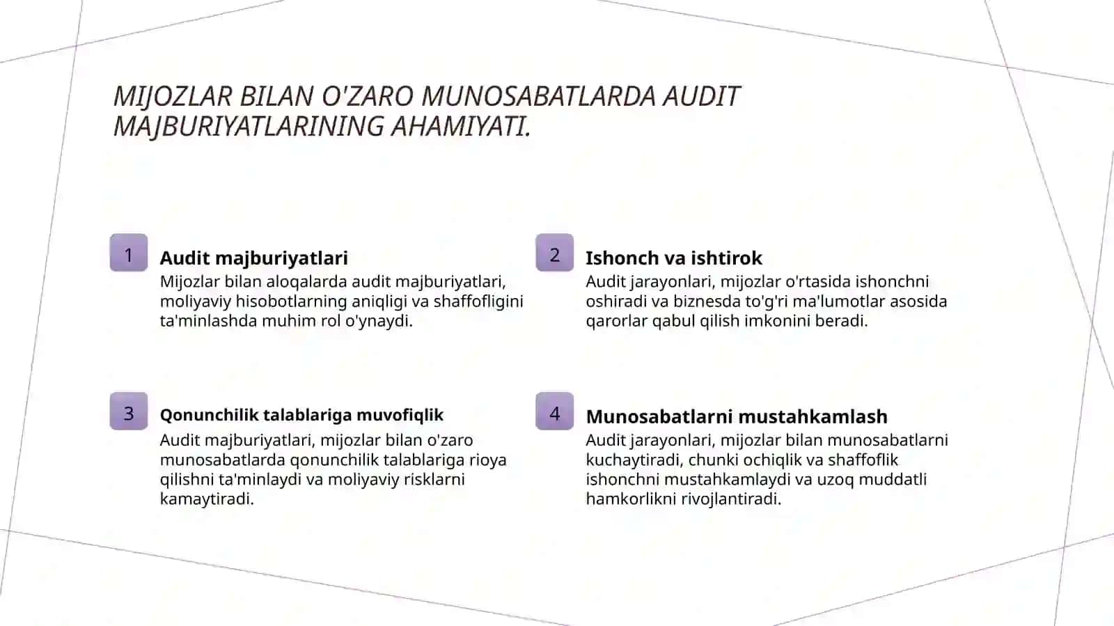 Xaridor va buyurtmachilar bo'yicha amaj buraytlar auditning xususiyatlari 4