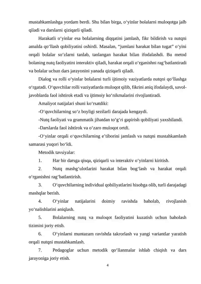 BOSHLANGʻICH TAʼLIMDA GAP BOʻLAKLARINI OʻQILISHI VA METODLARNING QOʻLLANILISHI ULARNING SOʻZ BOSHQARADIGAN OʻYINLAR, HARAKATLI OʻYINLARNI OʻYNASH TARTIBINI AMALIYOT DAVRIDA TAJRIBADA SINAB KOʻRISH , METODIK .docx 4