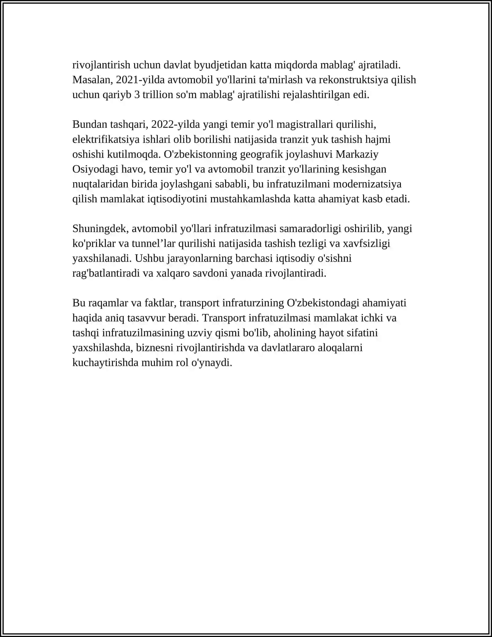 TRANSPORT INFRATUZILMASI BILAN BOG'LIQ ASOSIY TUSHUNCHALAR. TIZIMNI RIVOJLANTIRISHDAGI ASOSIY MUAMMOLAR 4