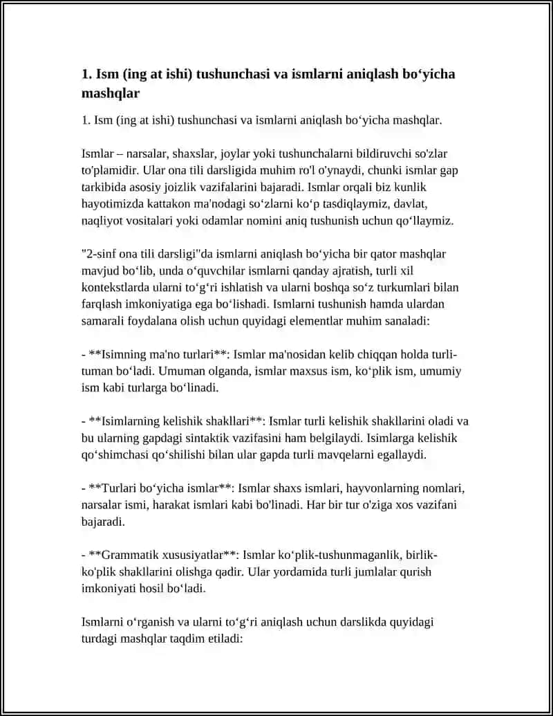 2-SINF ONA TILI DARSLIGI (1-QISM) TARKIBIDAGI ING AT ISHI, SO'Z TURKUMLARI, SINTAKSIS VA PUNKTUATSIYA ELEMENTLARI, SO Z TARKIBI VA IMLO QOIDALARINI O'RGANISH BO YICHA MASHQ VA TOPSHIRIQLARNI BAJARISH 4
