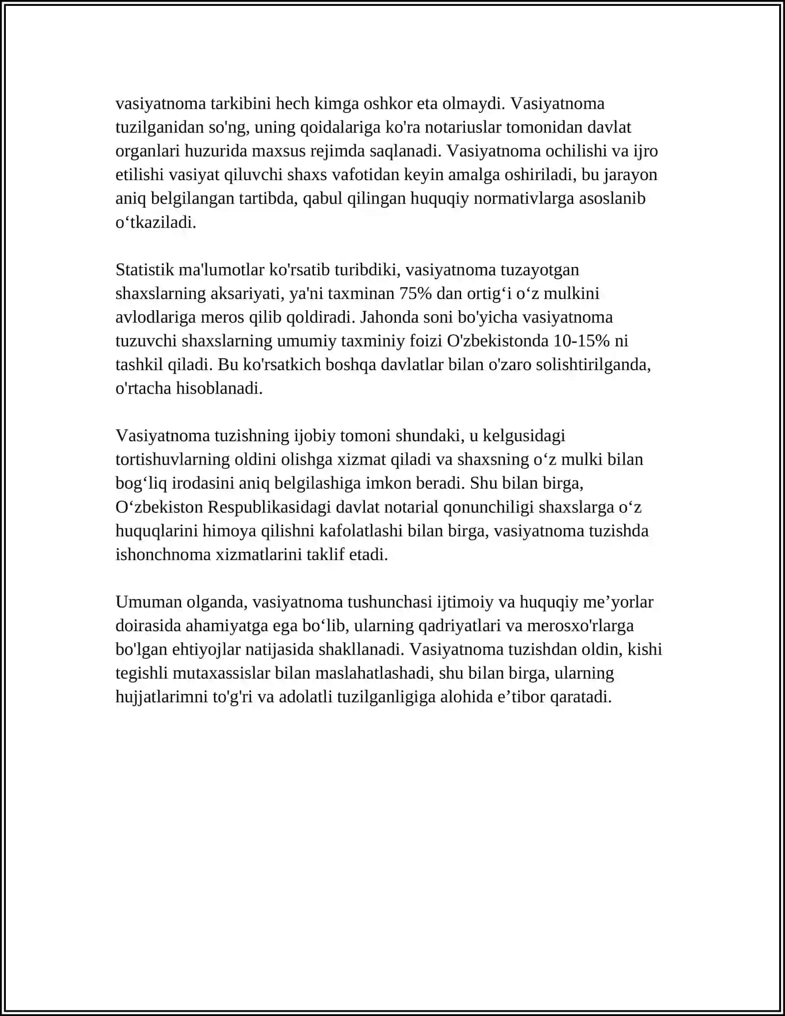 VASIYATNOMA UNING OʻZIGA XOS XUSUSIYATLARI 4