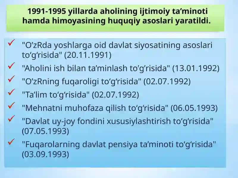Ijtimoiy sohada davlat siyosatining takomillashib borishi va aholi farovonligini oshirish tadbirlari. 4