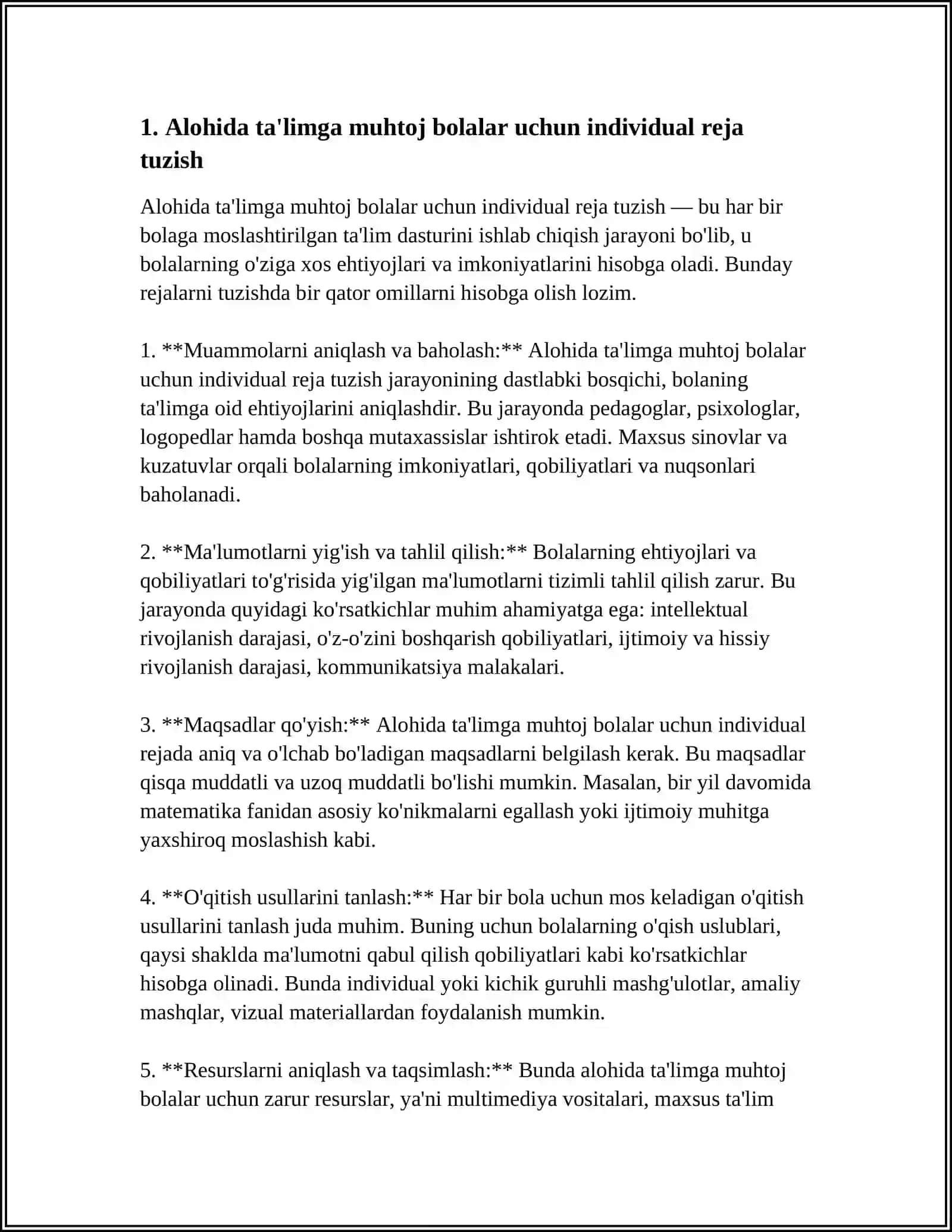 UMUMTAʼLIM TASHKILOTLARIDA ALOHIDA TA'LIMGA MUHTOJ BOLALAR UCHUN KOMPLEKS TA'LIMNI AMALGA OSHIRISHNING ASOSIY BOSQICHLARI 4