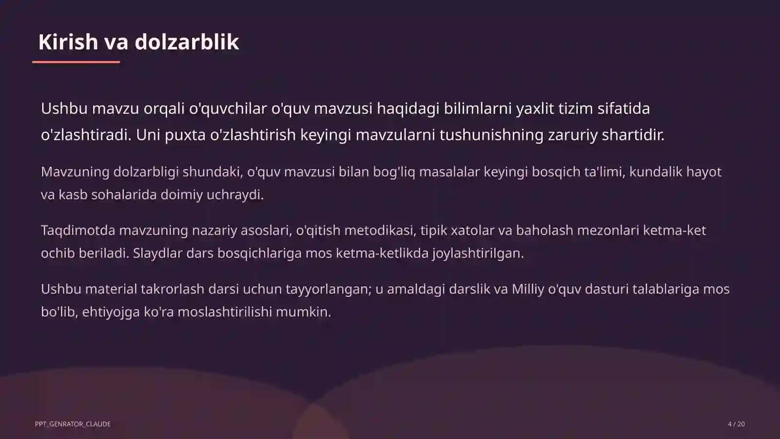 Dolzarb mavzular — maktab va o'qituvchilar (2026) — takrorlash darsi uchun 4