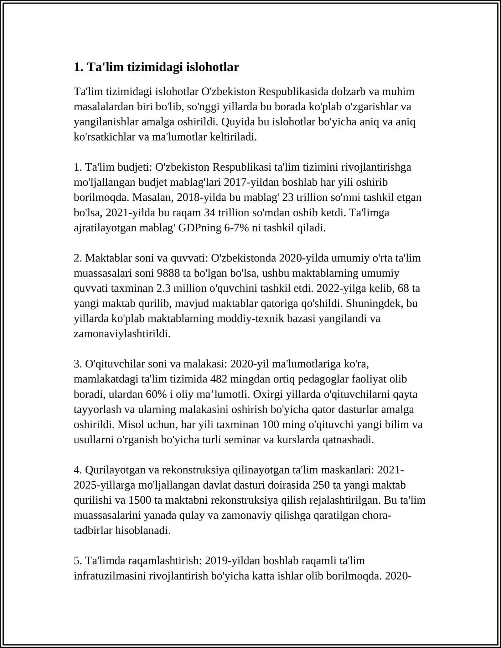 O'ZBEKISTONDA IJTIMOIY SOHADA AMALGA OSHIRILGAN O'ZGARISHLAR REFERAT 4