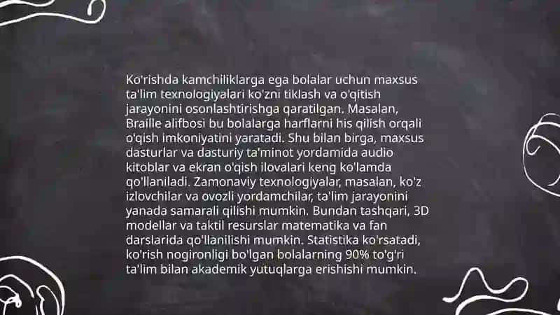 Sensor eshitishida yoki ko'rishida kamchiliklarga ega bo'lgan bolalar uchun inklyuziv ta'lim strategiyalari va ularni amalga oshirish shart-sharoitlari 4