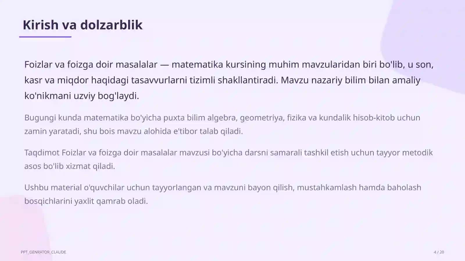 Foizlar va foizga doir masalalar (5-sinf) 4