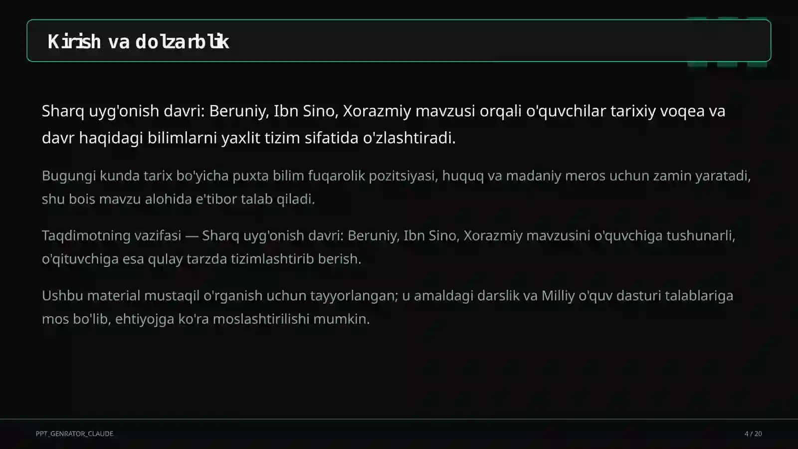 Sharq uyg'onish davri: Beruniy, Ibn Sino, Xorazmiy (7-sinf) 4