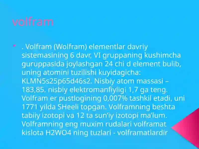 Molibden va Volframning Olinishi, Birikmalari va Xossalari 4