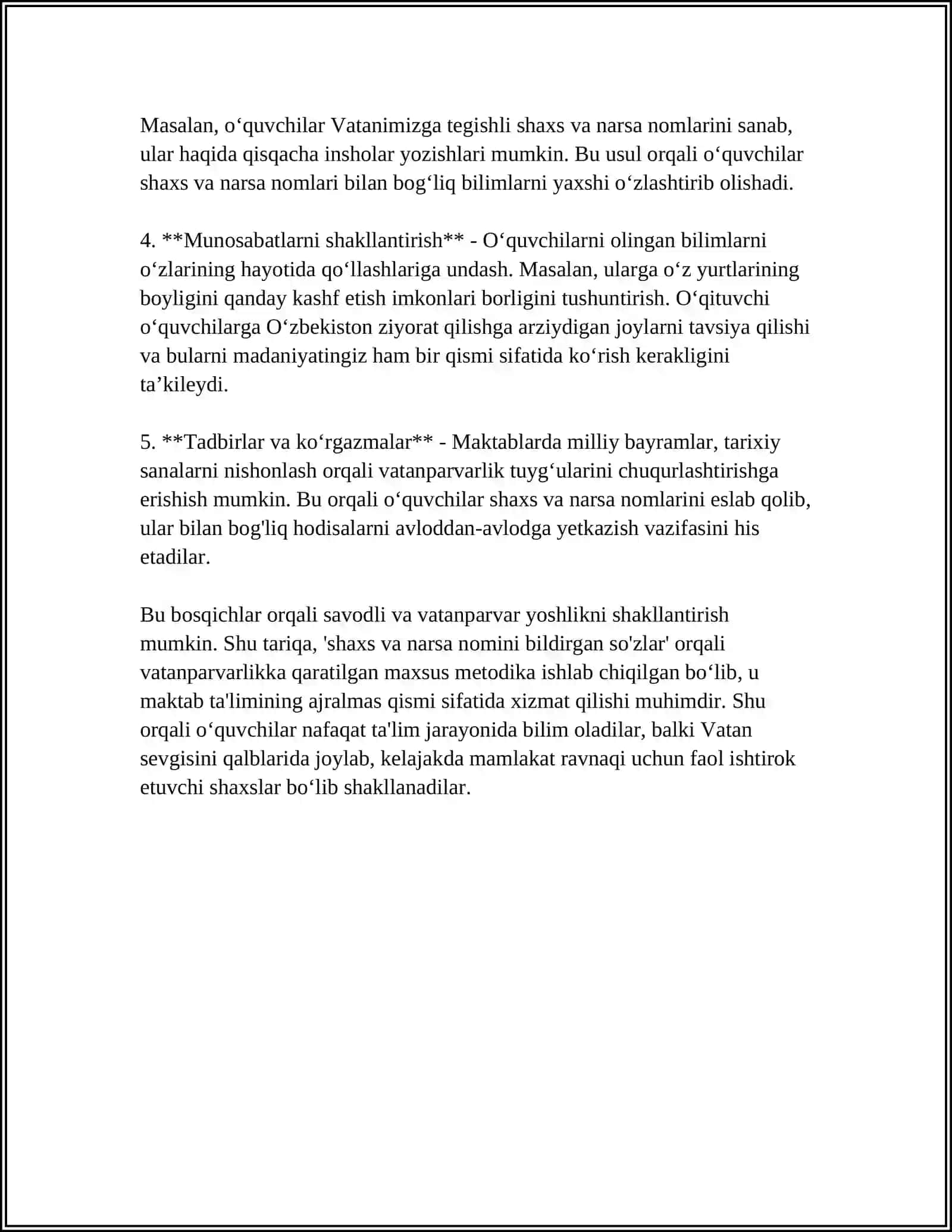 SHAXS VA NARSA NOMINI BILDIRGAN SO'ZLAR" MAVZUSI ASOSIDA O'QUVCHILARDA VATANPARVARLIK TUYG'ULARINI SHAKLLANTIRISH METODIKASI 4