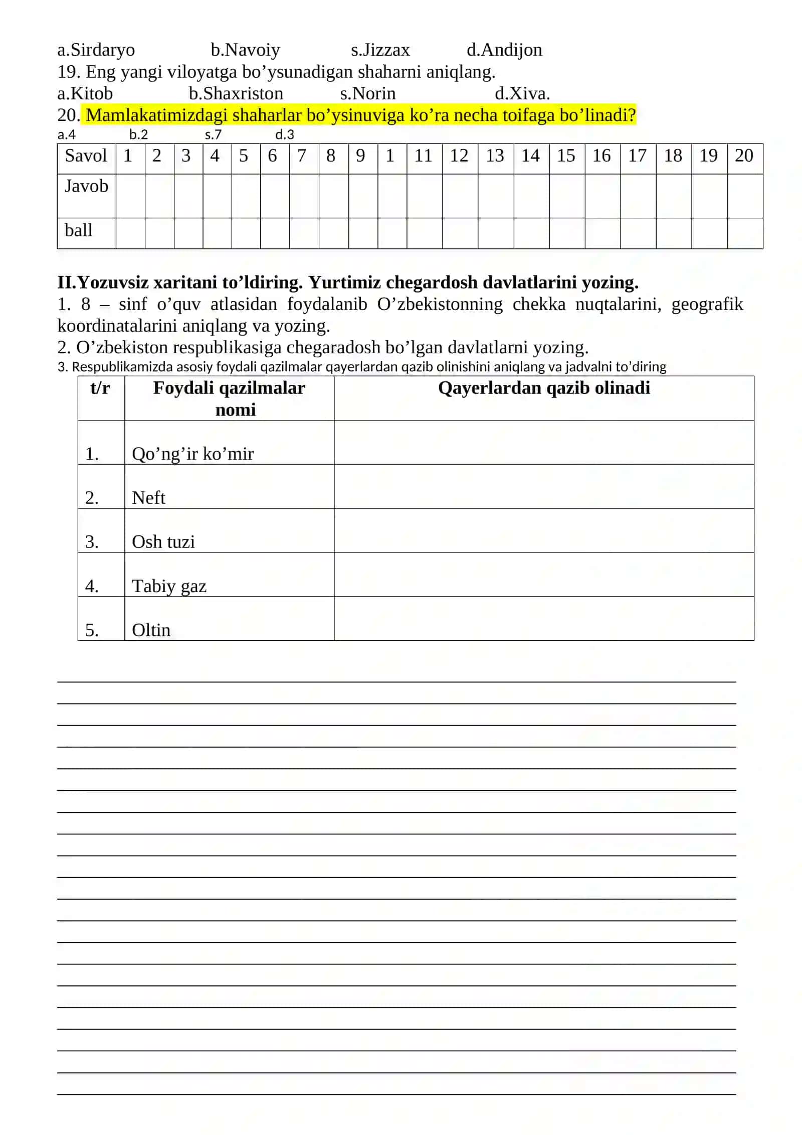 8-sinf geografiyasi nazorat ishi daftar 4