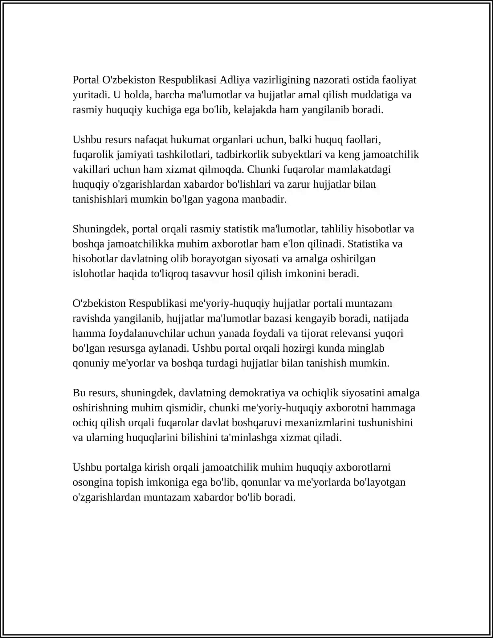 MUSTAQIL ISH Mavzu: O'ZBEKISTON RESPUBLIKASI MEYORIY-XUQUQIY BAZALARI PORTALLARI BILAN ISHLASH 4