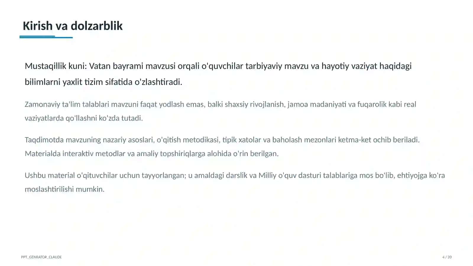 Sinf soati va tarbiyaviy tadbirlar (1– 11) — o'qituvchilar uchun 4