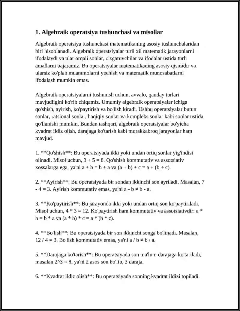 ALGEBRAIK OPERATSIYALAR. ALGEBRAIK OPERATSIYA TUSHUNCHASI VA UNING XOSSALARI: KOMMUTATIVLIK, ASSOSIATIVLIK, DISTRIBUTIVLIK VA QISQARUVCHANLIK 4