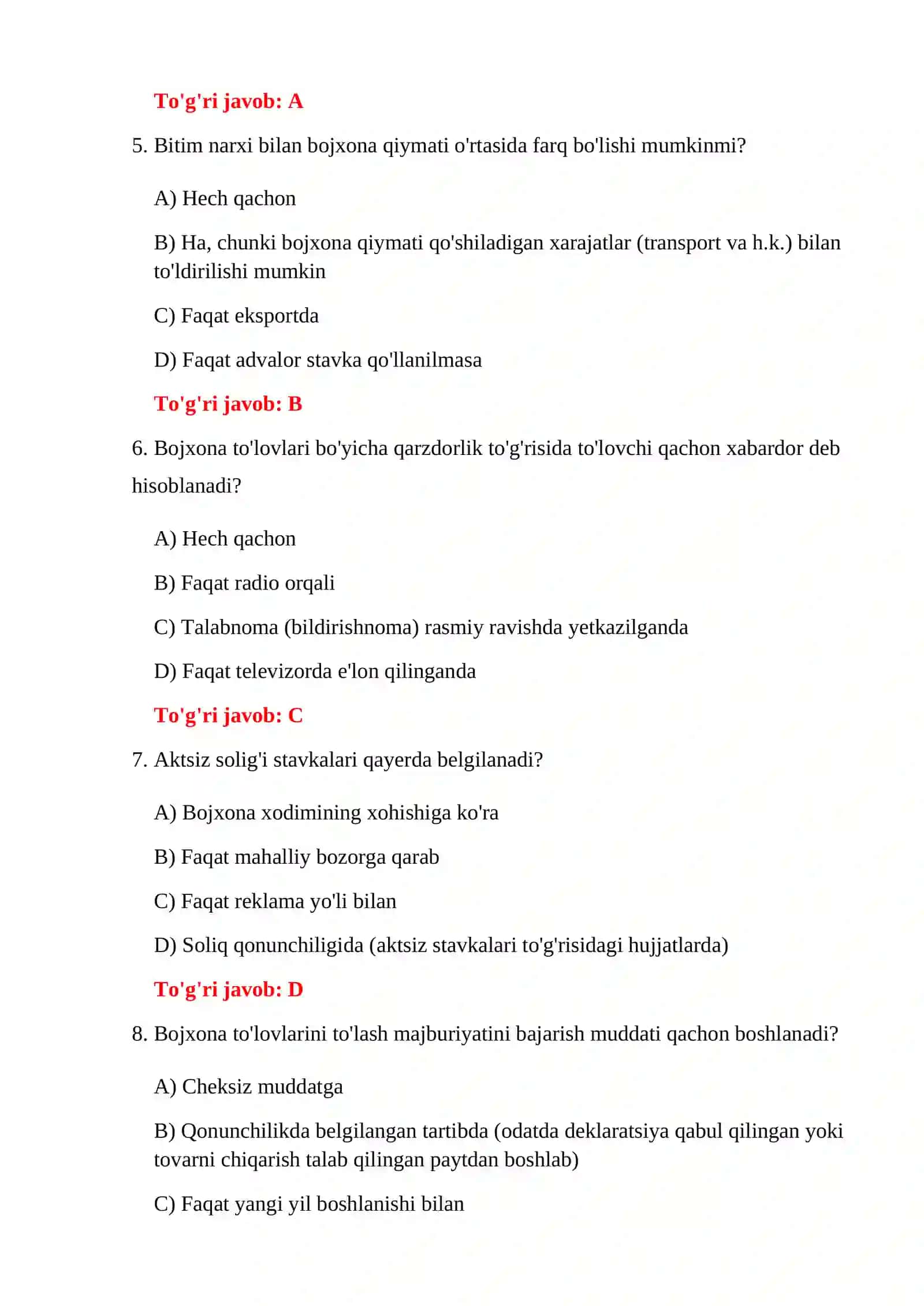 BOJXONA TO'LOVLARI 300 TA TEST 4