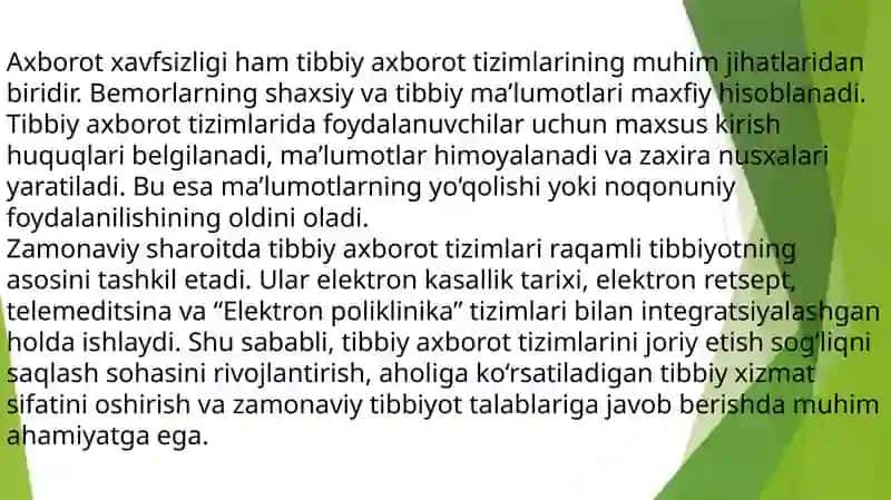 Tibbiy axborot tizimlari. Elektron kasallik tarixini yuritish. Ambulator va statsionar tibbiyot muassasalarida elektron tizimlar. “Elektron poliklinika” axborot tizimi 4